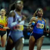 Success Eduan anchors the Great Britain mixed 4x100m relay team to third place in Budapest