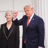 President Catherine Connolly welcomes US President Donald Trump as he arrives for a meeting at Aras an Uachtarain