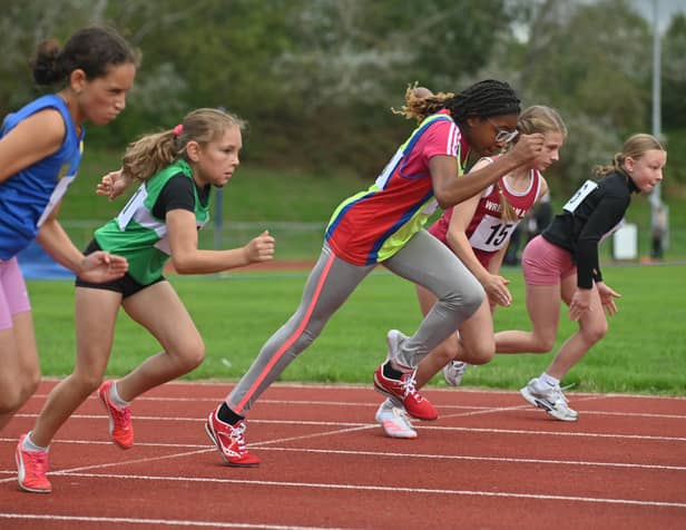 Kaeto Nwachukwu (Telford) gets out of the blocks quickly at Telford Athletic Stadium