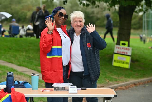 The Telford Games at Telford Athletic Stadium.  Lawrencia Awua-Ansah (Vice Chair of Telford Athletics), Elaine Davies (Event Meet Manager).