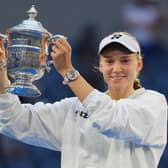 Elena Rybakina holds the trophy after she won the women’s singles final at the US Open