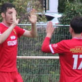 Craig Evans celebrates after scoring for Brecon Corries Picture: Stuart Townsend