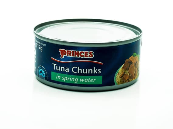 Can of Princes tuna chunks tin tinned fish princes cut out white background copy space