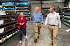 North Shropshire MP Helen Morgan meeting EverEdge's managing director Alexander Hall (middle) and production manager Peter Hughes