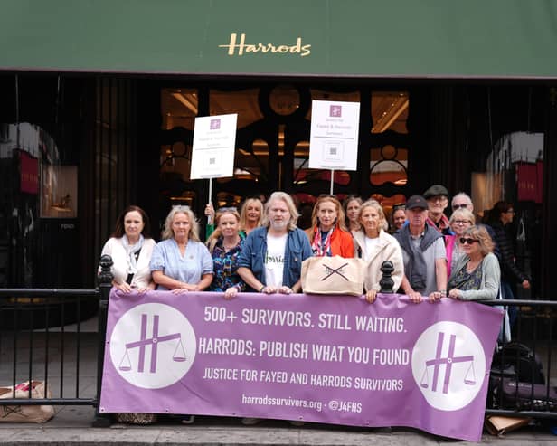 Survivors of abuse at the hands of Mohamed Al Fayed protest outside Harrods in London