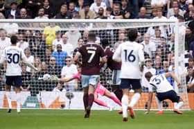 Aston Villa's Nicolas Jackson scoring his side's second goal during the Premier League match at the Tottenham Hotspur Stadium