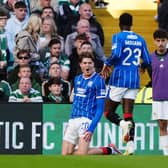 Rangers’ Ryan Naderi, left, celebrates his winner against Celtic