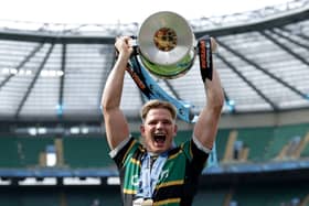 Henry Pollock lifts the Gallagher Prem trophy