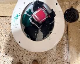 The state of one of the toilets at Builth Wells after a recent vandalism attack