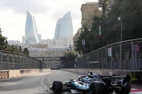 Mercedes driver George Russell of Britain steers his car during the qualifying session