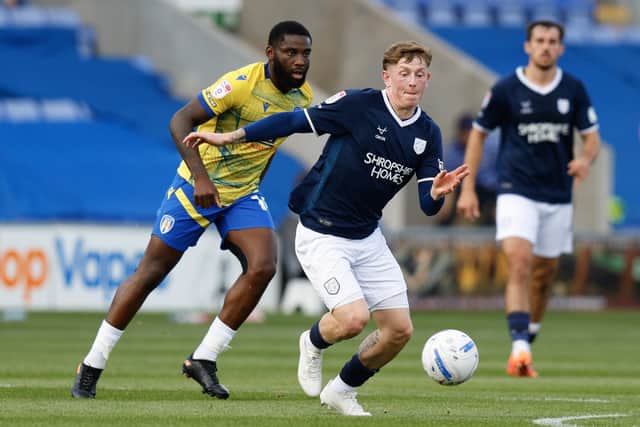 Jay Turner-Cooke on the ball for Shrewsbury Town