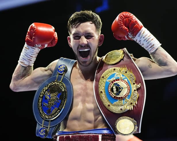 Liam Davies successfully defended the EBU European featherweight belt he won in March, pictured, with Saturday's strong display over Nathaniel Collins.