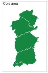 A map showing how Powys has been carved up into five sectors based on Brecon, Llandrindod Wells, Newtown, Welshpool and Ystradgynlais for council