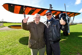 Ninety Four year old Donald Harrison completes charity wing walk at Sleap Airfield, Shrewsbury, to raise money for his care home.
Donald with pilot David Barrell before the flight.
Tim Thursfield/Iconic Media Group

