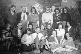Staff outside Whitchurch Old Rectory, 1944. This is the watch of Miss Betty Morris, later Mrs Betty Hayes, of Shrewsbury. She is kneeling middle row, third from right. Next to her, fourth from right, is Gwyneth Roberts of Shrewsbury (later Mrs Hoadley).   