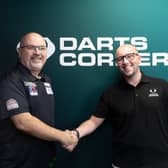 Shropshire darts player Derek Coulson (left) with Darts Corner content creator Alex Moss