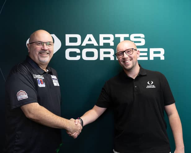 Shropshire darts player Derek Coulson (left) with Darts Corner content creator Alex Moss