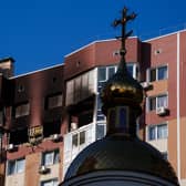 A damaged residential building in Kyiv