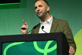 Zack Polanski pointing while delivering a speech to the Green Party conference