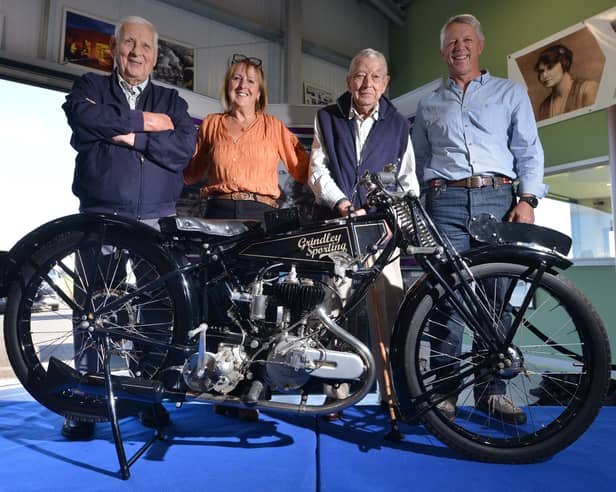 Harry Copnall, Linda Grocott, Gerald Dakin, and Jon Dakin with the Grindley Sporting which is on show at Prees’ Grocott Heritage Centre.