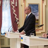 Ukraine’s President Volodymyr Zelensky, right, with German Chancellor Friedrich Merz