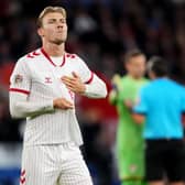 Denmark’s Rasmus Hojlund celebrates