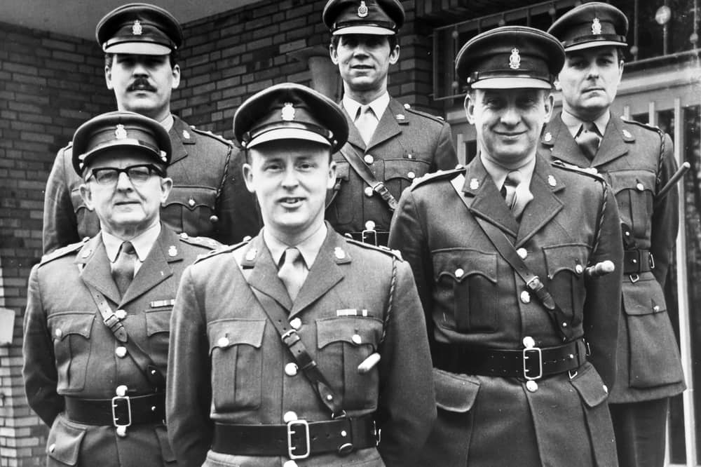 David Crawford Clarke, front, in 1975 when he had been made honorary colonel of the Royal Army Ordnance Corps Territorial Army and Volunteer Reserve, Western Region. 