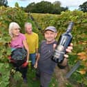 Halfpenny Green Wine Estate, at Bobbington.  Volunteer grape pickers Graham Revitt, Glen Plant, Lindsay Hopkins with owner Clive Vickers.