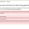 The message currently displayed on Powys council's planning portal website page. PCC