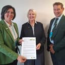 NFU Cymru President Abi Reader presents the union's planning paper to Cabinet Minister Sian Gwenllian MS, alongside NFU Cymru Rural Affairs Board Chair Gary Yeomans