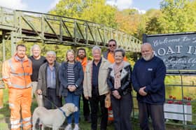 Councillor Carolyn Healey and others at the Jackfield and Coalport Memorial Bridge after its restoration