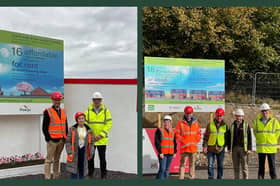 Left hand side - Former Gungrog Site, Welshpool (Left to Right):Councillor Matthew Dorrance (Deputy Leader and Cabinet Member for a Fairer Powys), County Councillor Carol Robinson (Welshpool Gungrog), Mike Sambrook (Managing Director at SJ Roberts Construction)
Right hand side - Maes yr Esgob, Llanfair-ym-mochnant (Left to Right): Nicola Downes (Housing Development Officer, Powys County Council), Councillor Matthew Dorrance (Deputy Leader and Cabinet Member for a Fairer Powys), County Councillor Aled Davies (Llanrhaeadr-ym-Mochnant and Llansilin), Ed Marston (Site Manager), Mike Sambrook (Managing Director at SJ Roberts Construction)