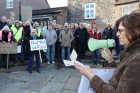 Pippa Walker addresses the crowd at the Much Wenlock protest.