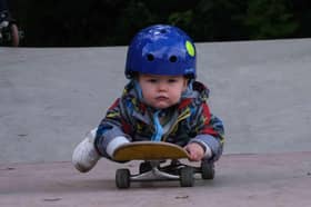 Ready to roll – one year-old Jettson Jones from Newtown is well on his way to becoming a skateboarder and showed the park is for all ages! 