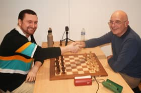 A handshake before battle - Pym, left, and Glyn Pugh get the playoff under way.