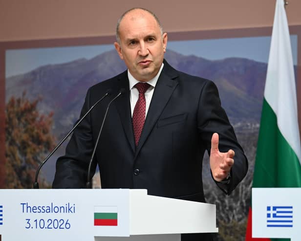 Bulgarian Prime Minister Rumen Radev speaks during a handover ceremony of the remains of medieval ruler Czar Samuel, in Thessaloniki, northern Greece