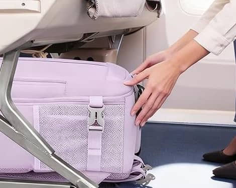 The 20-litre cabin backpack is available in purple and black and features multiple compartments for travel essentials.