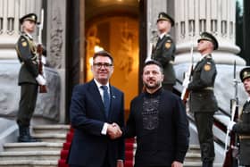 Andy Burnham and Volodymyr Zelensky shake hands in Kyiv