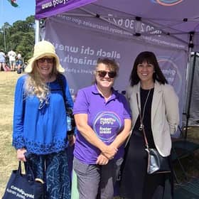 Cllr Sandra Davies (left) visiting the fostering stand at this year’s Royal Welsh Show. With her are Chief Executive Emma Palmer (right) and Caroline Mears from the council’s Fostering Team.