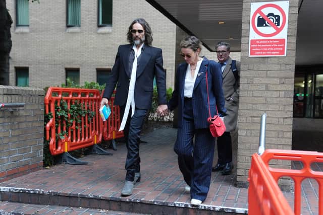 Brand was accompanied by his wife Laura Gallacher during the first full day of his trial on Wednesday (Ben Whitley/PA)
