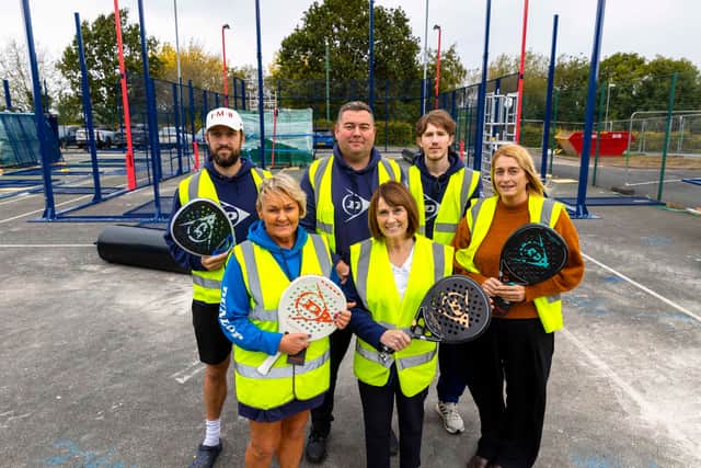 Cllr Angela McClements (front right) with We Do Tennis staff at the new padel courts in Wrockwardine Wood