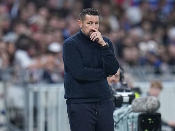 Crystal Palace’s head coach Pierre Sage looks on during the Europa League opening phase soccer match between Lyon and Crystal Palace in Lyon, France,