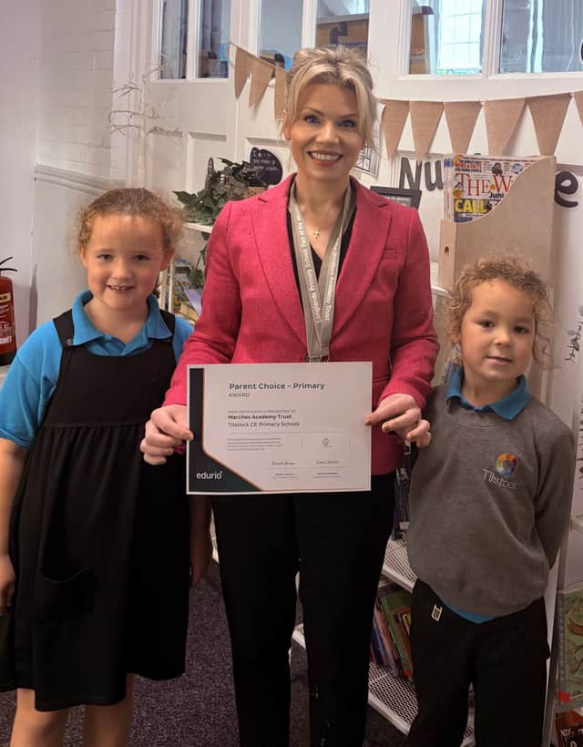 Rowena Kaminski and pupils at Tilstock CE Primary School