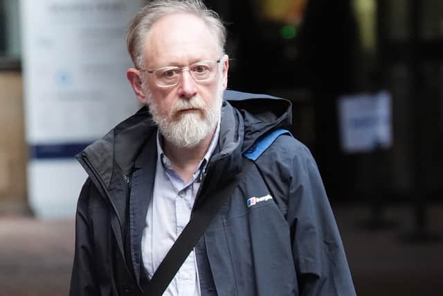 John Rogers, who was part of a theatre troupe that included Brand in 1999, leaving court after giving evidence in the trial (Jonathan Brady/PA)