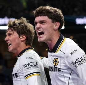 Fer Lopez (left) celebrates with Sean Neave after scoring for Wolves against Burnley 