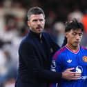 Manchester United manager Michael Carrick with Lisandro Martinez
