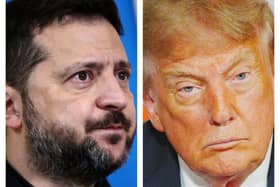 Composite image of Volodymyr Zelensky, left, and Donald Trump