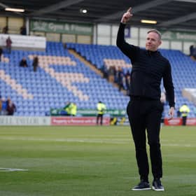 Gavin Cowan manager / head coach of Shrewsbury Town reacts at full time