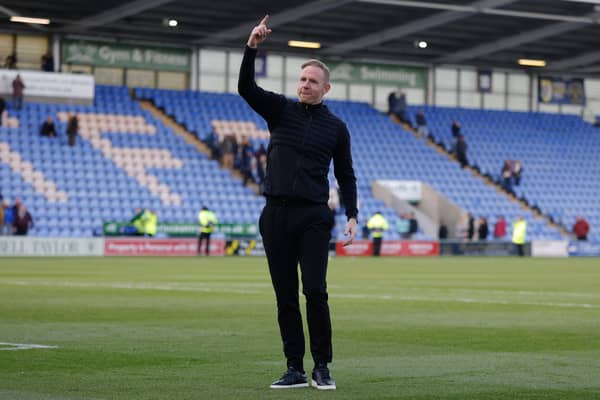 Gavin Cowan manager / head coach of Shrewsbury Town reacts at full time
