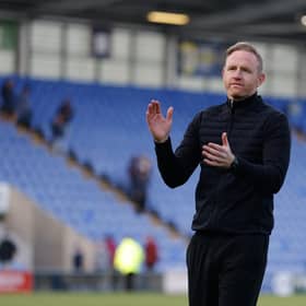 Gavin Cowan manager / head coach of Shrewsbury Town reacts at full time